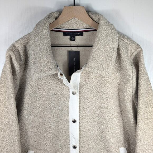New Tommy Hilfiger Womens XXL Faux Sherpa Snap Button Jacket Coat Beige Warm - Picture 2 of 15